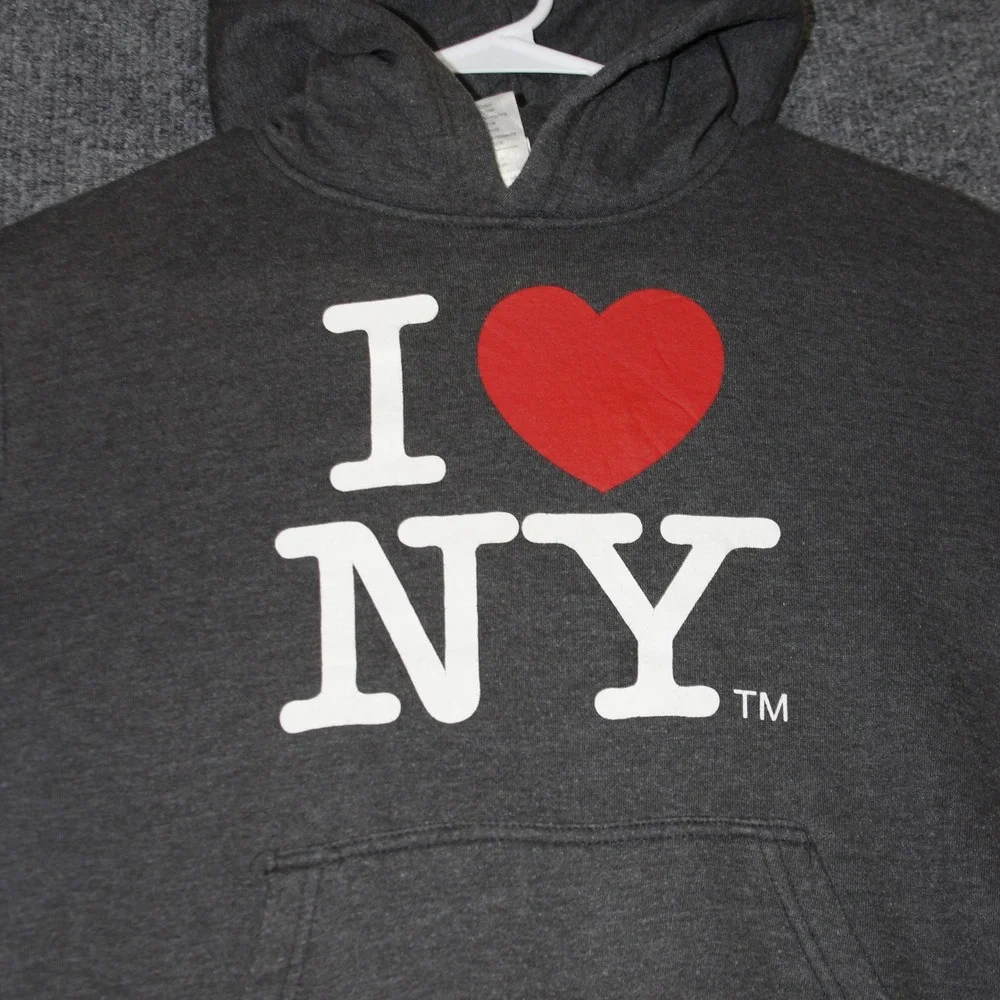 Kids I Love NY Hoodie Sweatshirt Charcoal Gray Pullover Pocket Size 14/16